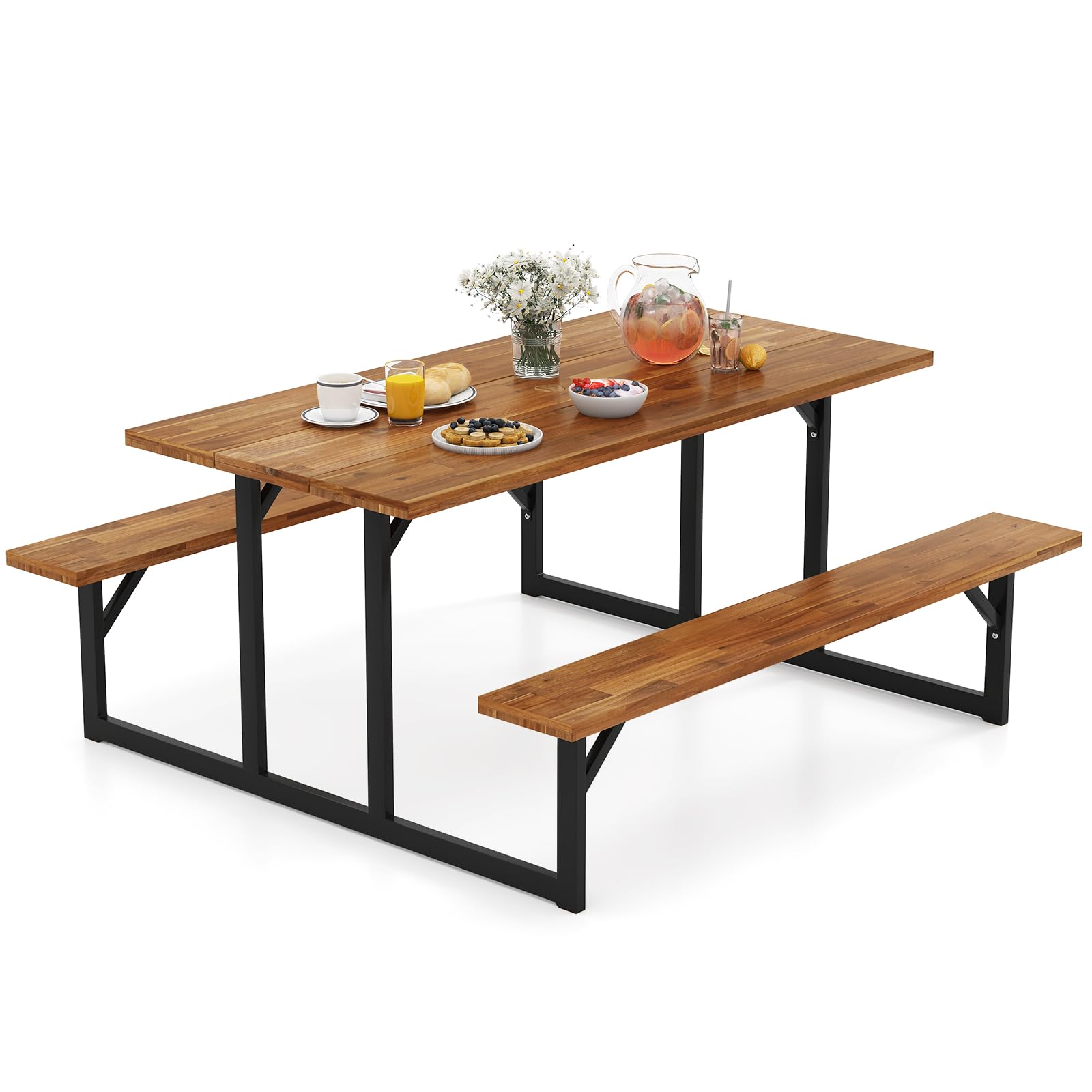 Tangkula 6 Person Acacia Wood Picnic Table with 2 Built in Benches